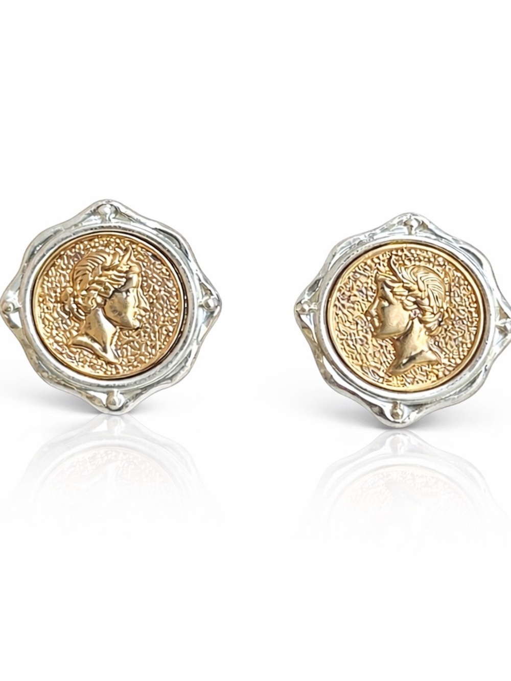 Gold and Silver Coin Medallion Earrings - Picture 1 of 10